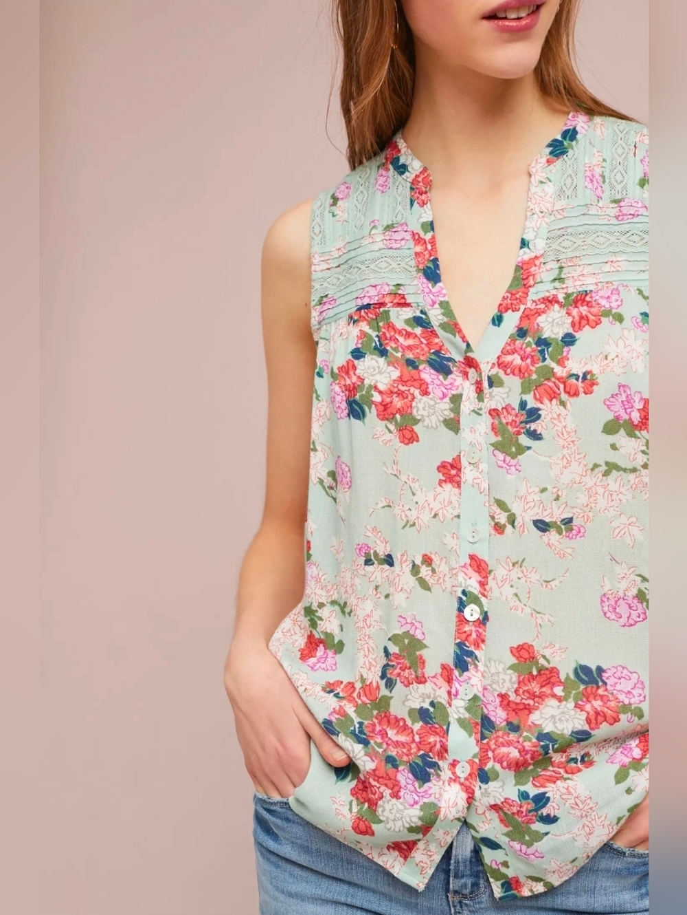 Anthropologie Meadow Rue Top Women's 10 Mint Green Floral Sleeveless - Picture 2 of 13
